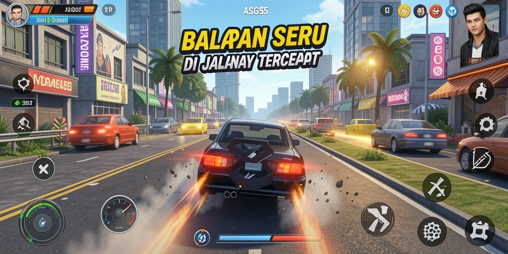 Tampilan gameplay seru dari balapan mobil cepat di ASG55.