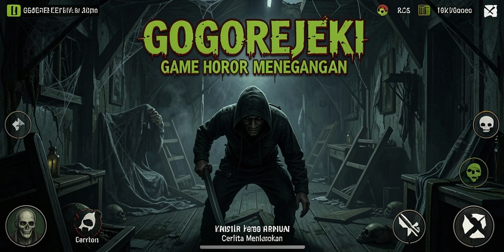 Tampilan gameplay menegangkan di GOGOREJEKI dengan suasana horor yang mencekam.