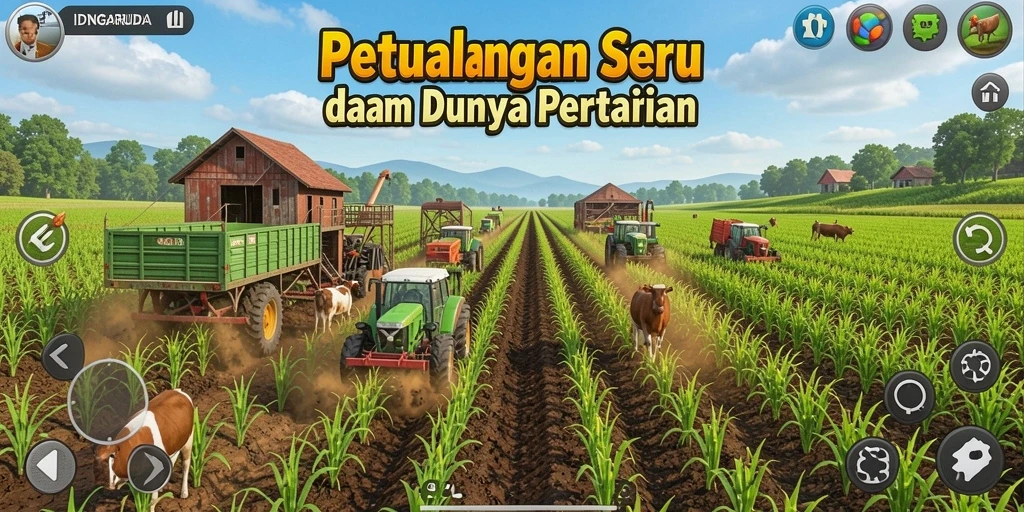 Tampilan gameplay IDNGARUDA dengan ladang yang subur dan hewan ternak.