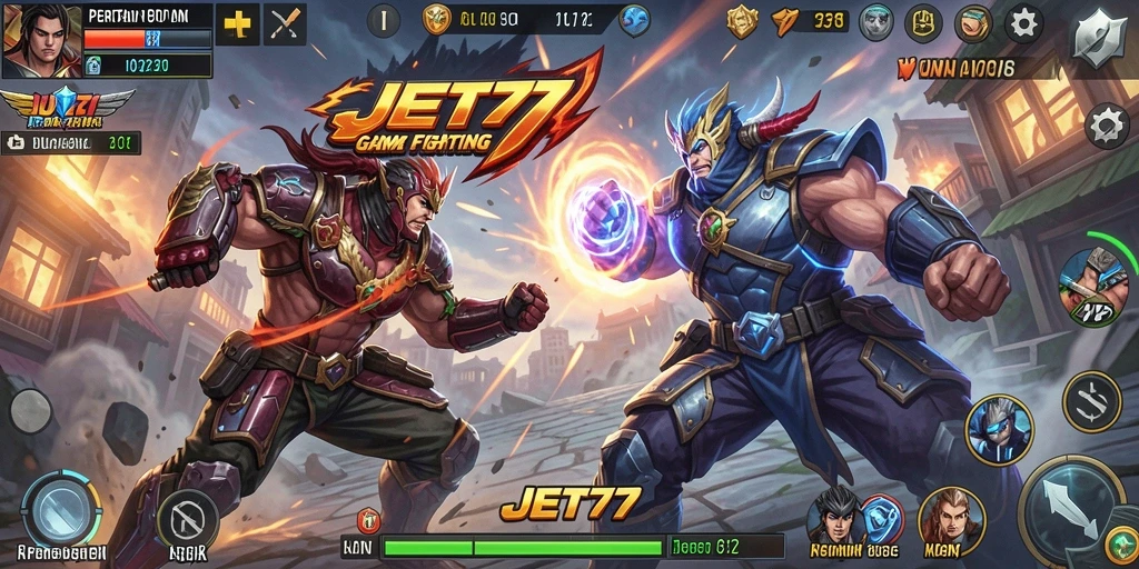 Gameplay JET77 menampilkan pertarungan epik dengan karakter yang bertenaga.