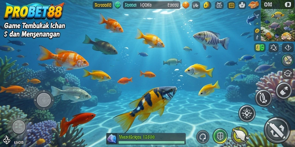 Screenshot gameplay PROBET88 yang menunjukkan aksi menembak ikan.