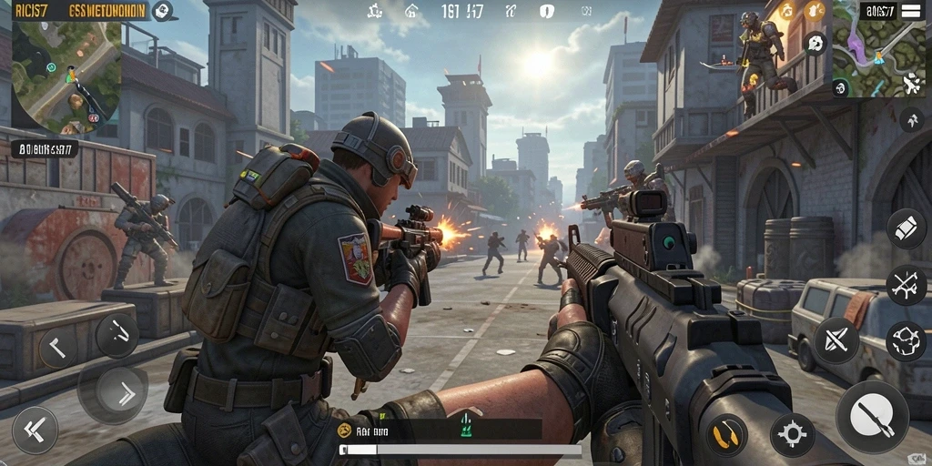 Screenshot RICIS77 menunjukkan aksi tembak-menembak yang intens dalam gameplay FPS.
