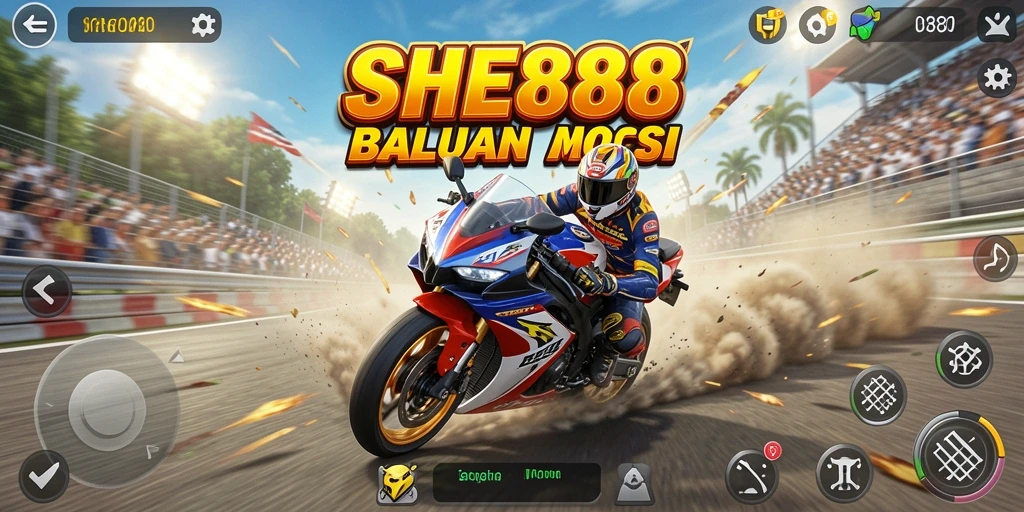 Tampilan gameplay seru di <strong>SHE888</strong> saat balapan motor di trek menantang.